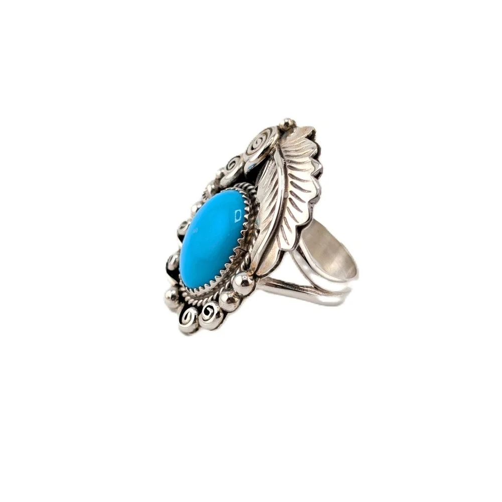 Navajo Kingman Turquoise Ring Sz 8.75US by Julia Etsitty, 925 Sterling Silver**‎